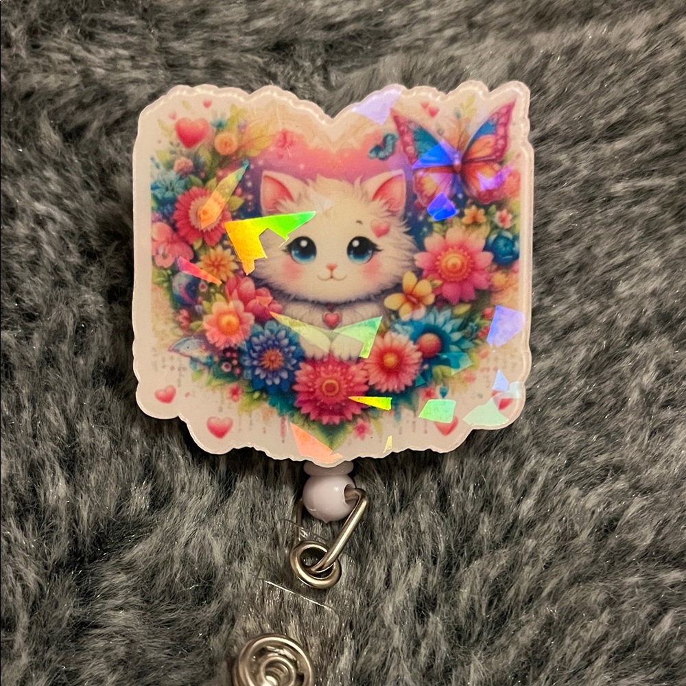 Cute Cat and Flowers Badge Reel